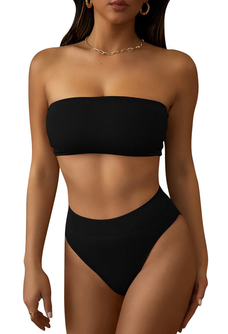 Pink Queen Women's Removable Strap Pad High Waisted Ribbed Bikini Black Size M - Image 1